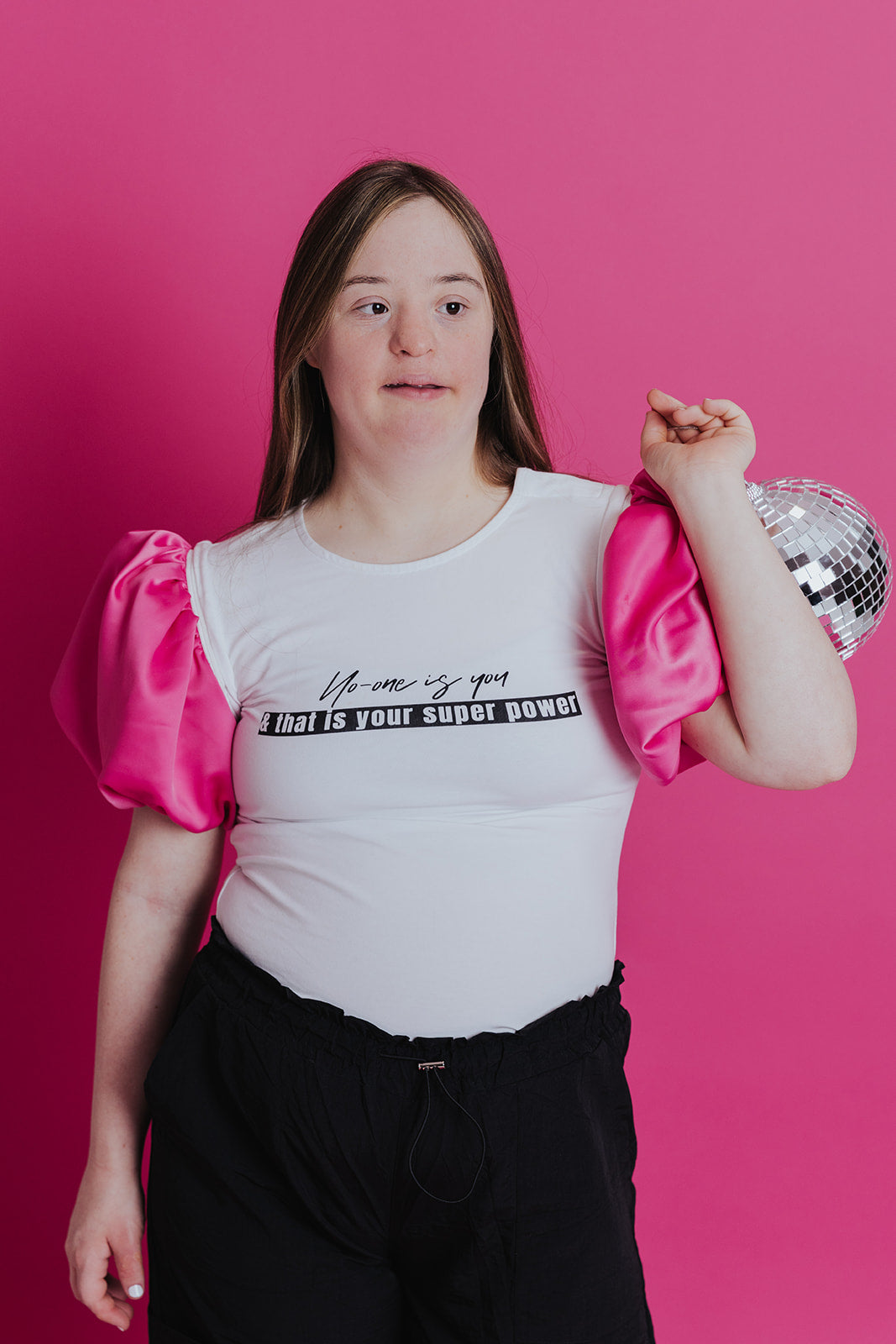 Lady Fines Adaptive Clothing Sensory Friendly Tee - Model with Down Syndrome
